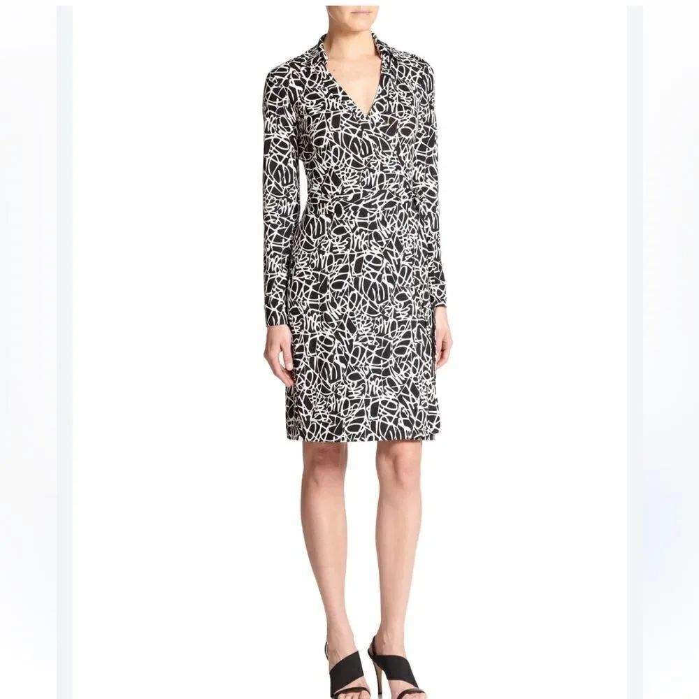 Diane Von Furstenberg Jersey Wrap Dress Jeanne Two-Scribbles Black & White Sz 6
